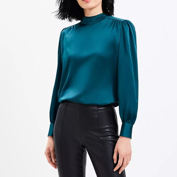 Loft Teal Satin Tie Back Mock Neck Blouse - Picture 1 of 7